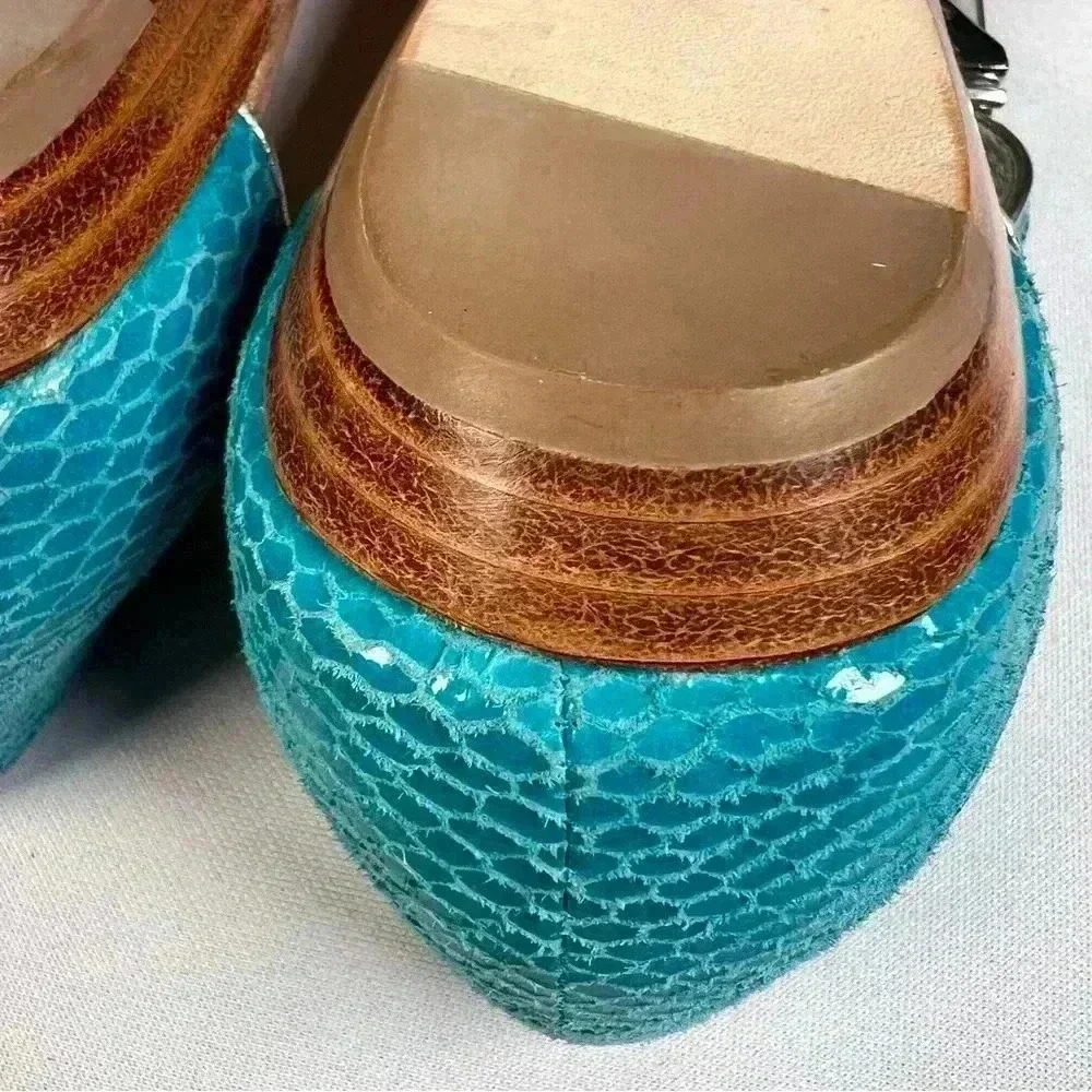 Dani Black turquoise/silver snake flat sandals clear bar between straps Sz 9.5 - Picture 10 of 13